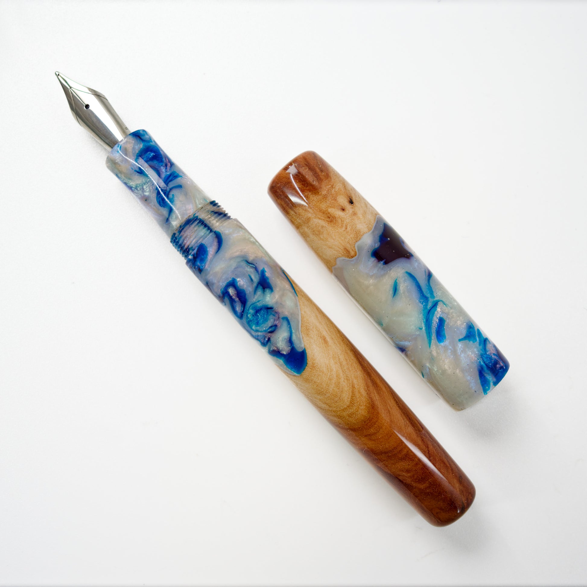 Wood Hybrid Fountain pen, Blue Abalone and Vasticola Burl. - Silverburl Pens