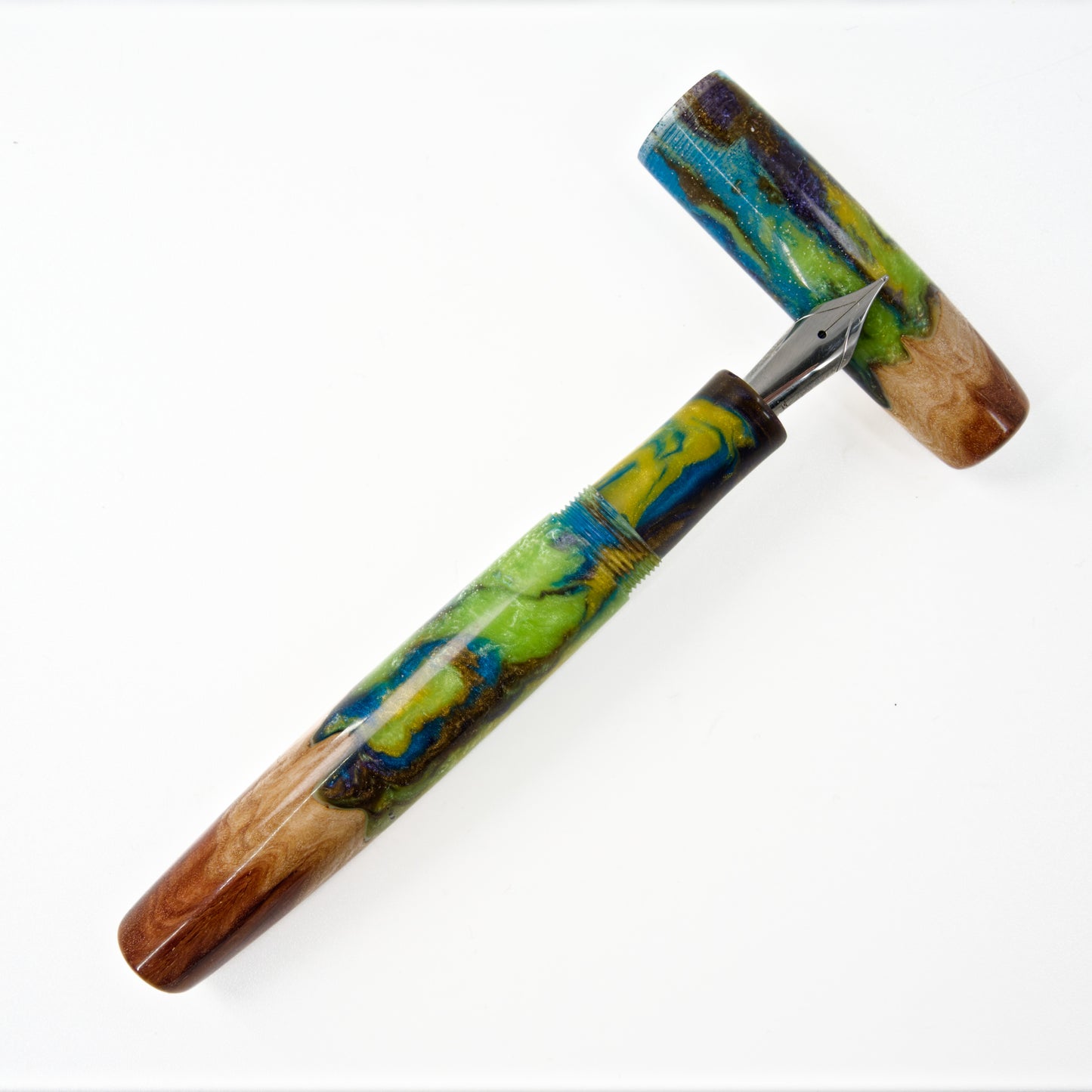 Wood Hybrid Fountain Pen, Lime and Lemon Blue Curacao splash. - Silverburl Pens