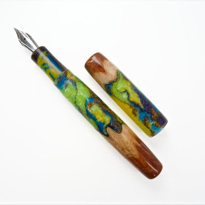 Wood Hybrid Fountain Pen, Lime and Lemon Blue Curacao splash. - Silverburl Pens
