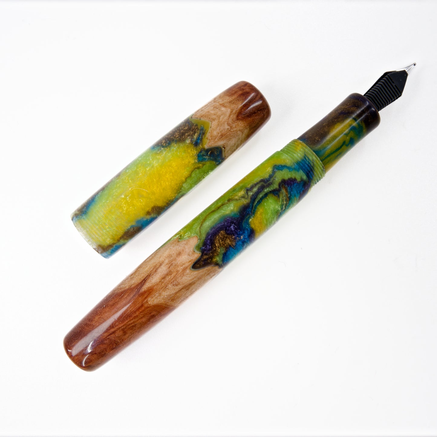 Wood Hybrid Fountain Pen, Lime and Lemon Blue Curacao splash. - Silverburl Pens